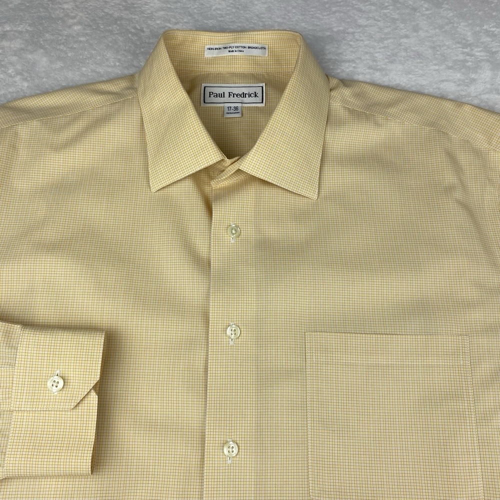 Paul Fredrick Dress Shirt Mens 17-36 Yellow Micro-Checks Regular Fit No Iron